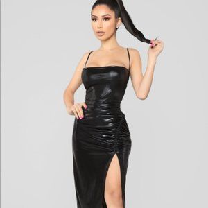 Fashion Nova Black Ruched High Slit Midi Strap Dress
